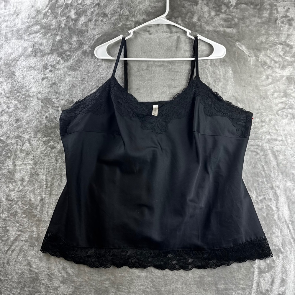 Cacique Camisole Women 22/24 Black Lace Trim Satin Finish V-Neck Tank (1868)